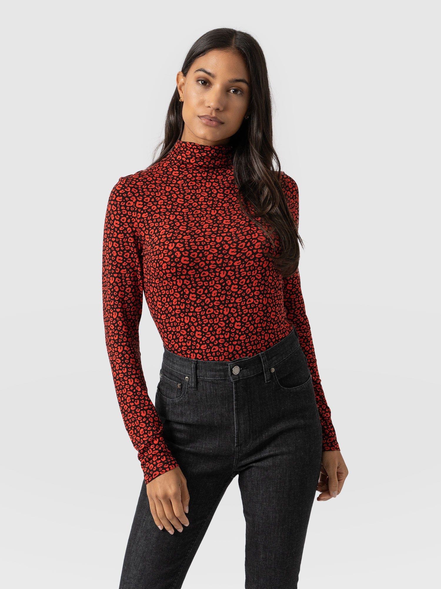 Tempest Roll Neck Top - Red Leopard